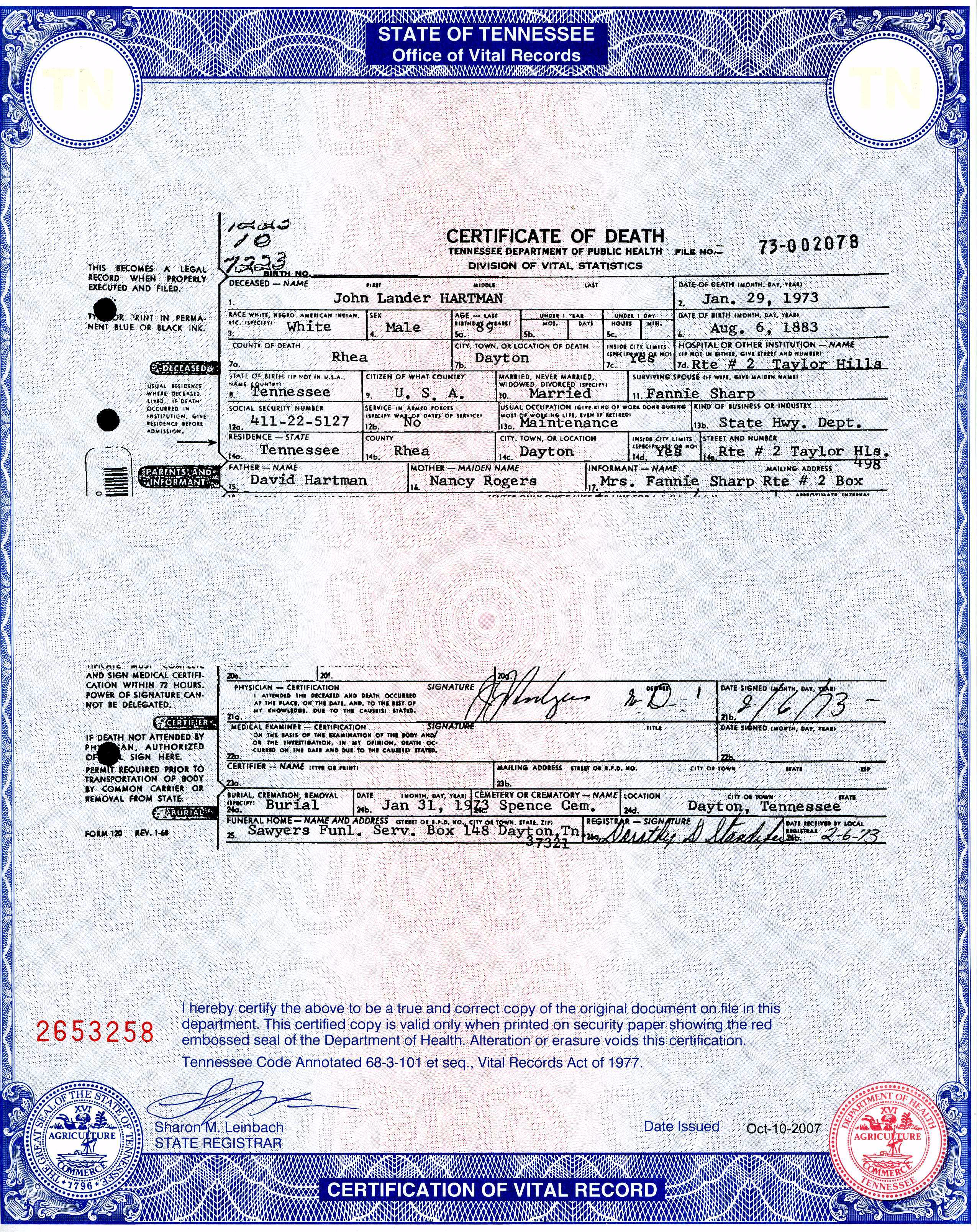 John Lander Hartman Death Certificate