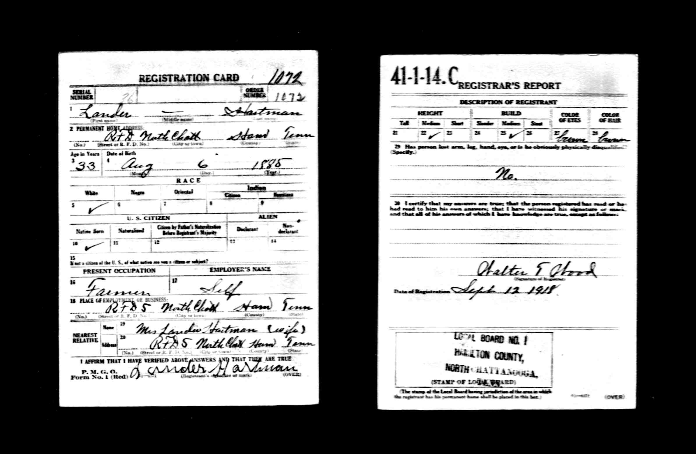 John Lander Hartman WWI Draft Record