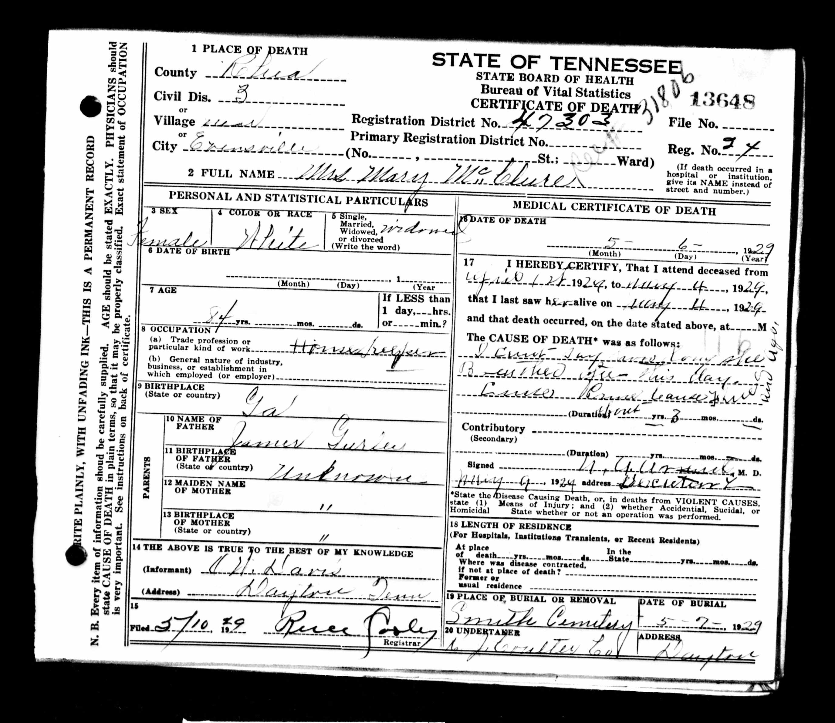 Mary Gurley McClure Death Cert